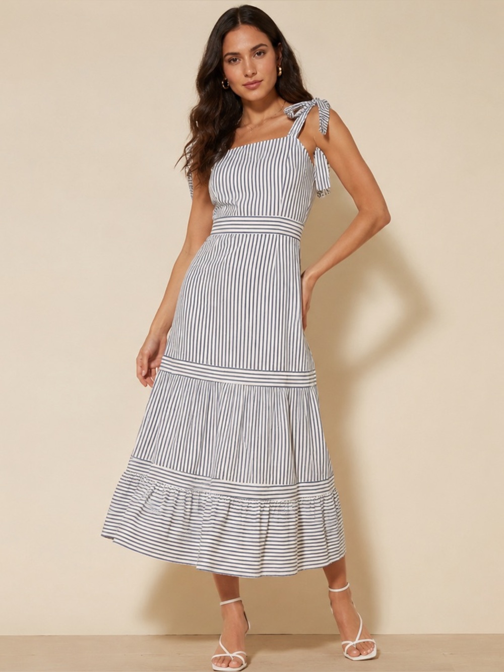 Striped Tie-Shoulder Midi Dress in White & Navy